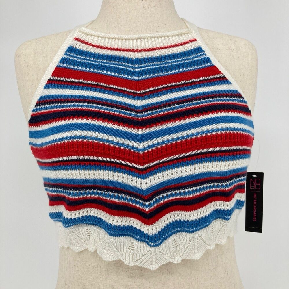 No Boundaries Striped Crochet Halter Crop Top Red White Blue Size Large NWT - Picture 3 of 15